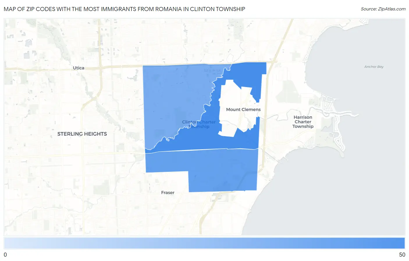 Zip Codes with the Most Immigrants from Romania in Clinton Township Map