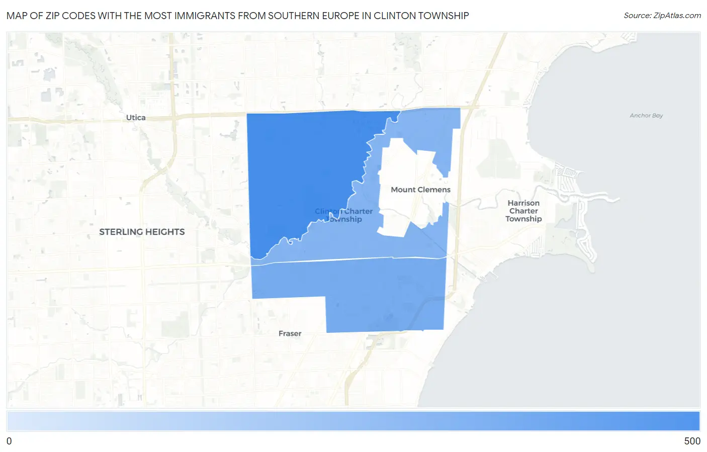 Zip Codes with the Most Immigrants from Southern Europe in Clinton Township Map