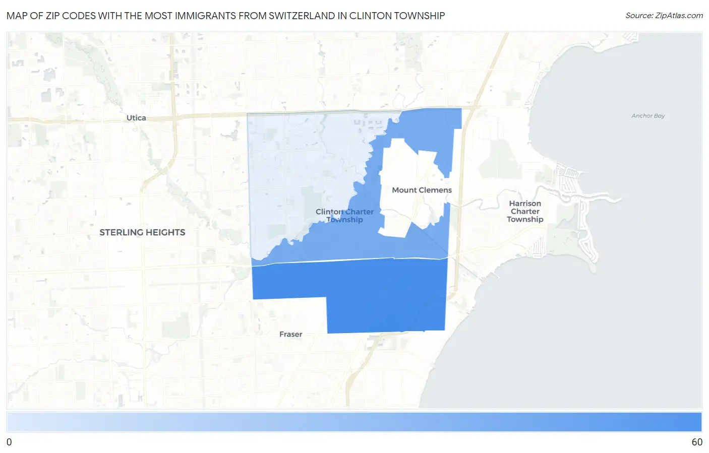 Zip Codes with the Most Immigrants from Switzerland in Clinton Township Map