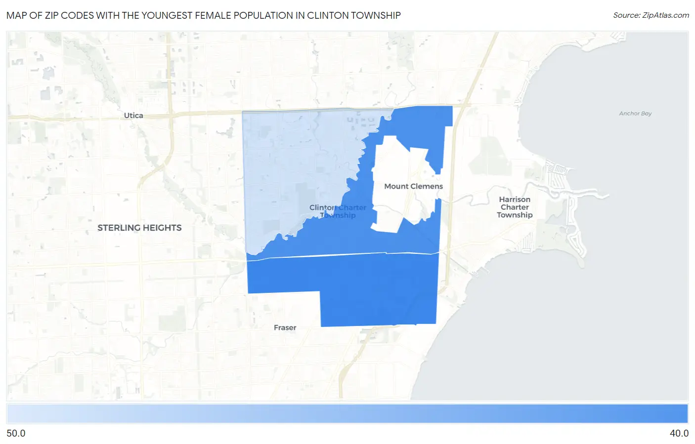 Zip Codes with the Youngest Female Population in Clinton Township Map