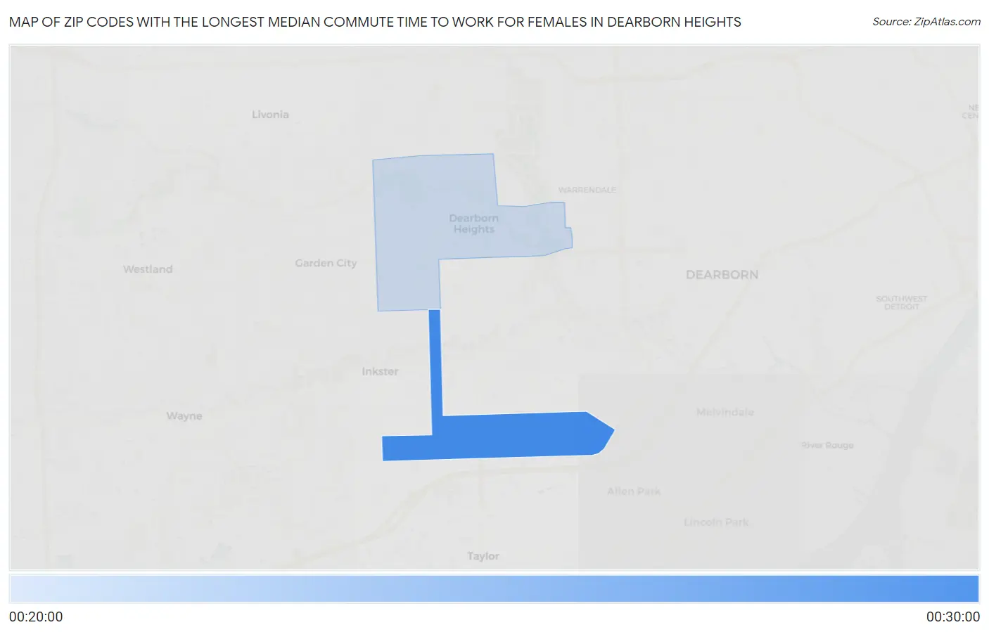 Zip Codes with the Longest Median Commute Time to Work for Females in Dearborn Heights Map