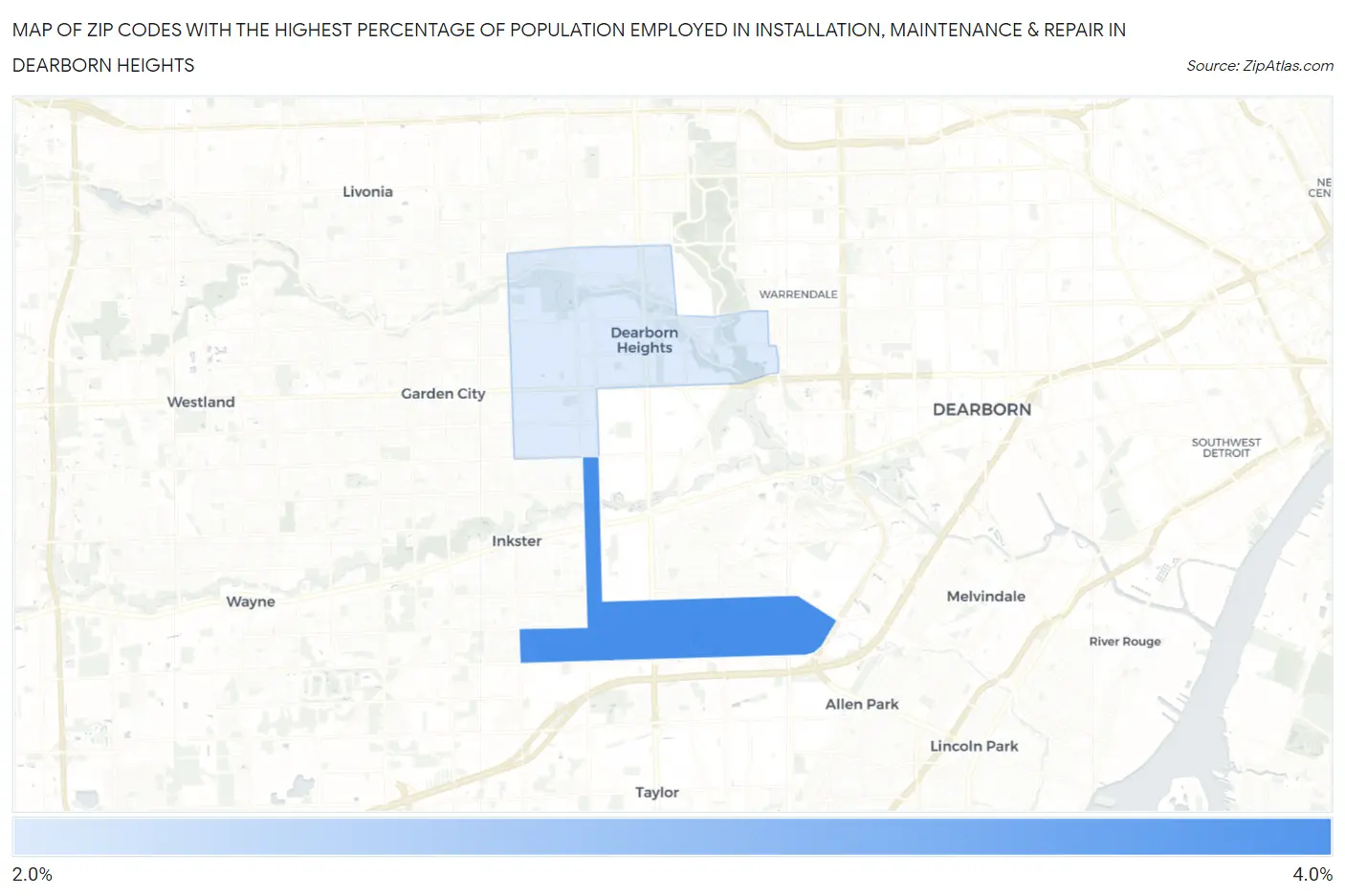 Zip Codes with the Highest Percentage of Population Employed in Installation, Maintenance & Repair in Dearborn Heights Map