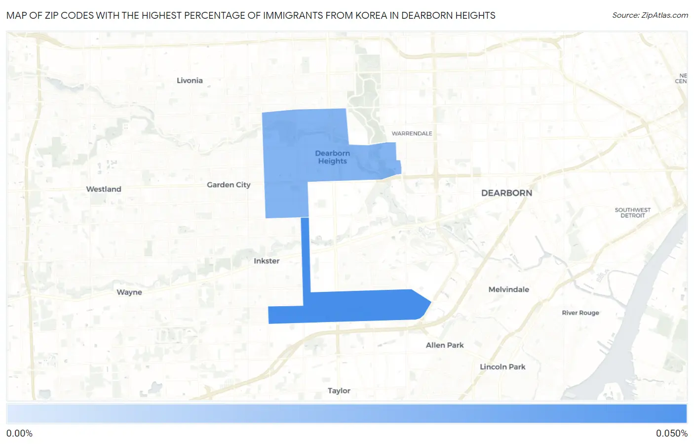 Zip Codes with the Highest Percentage of Immigrants from Korea in Dearborn Heights Map
