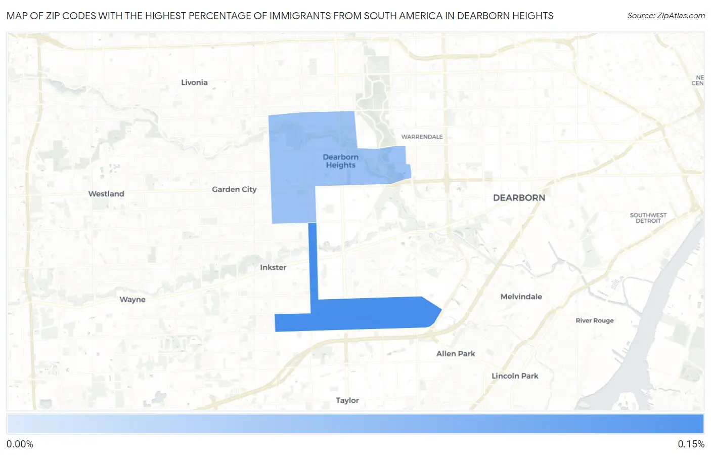Zip Codes with the Highest Percentage of Immigrants from South America in Dearborn Heights Map