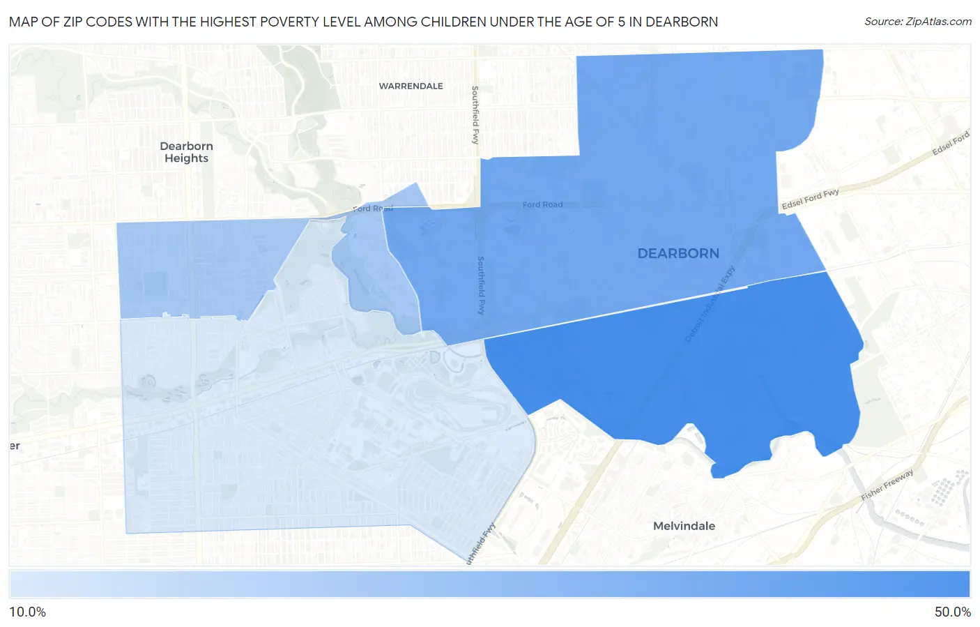 Zip Codes with the Highest Poverty Level Among Children Under the Age of 5 in Dearborn Map