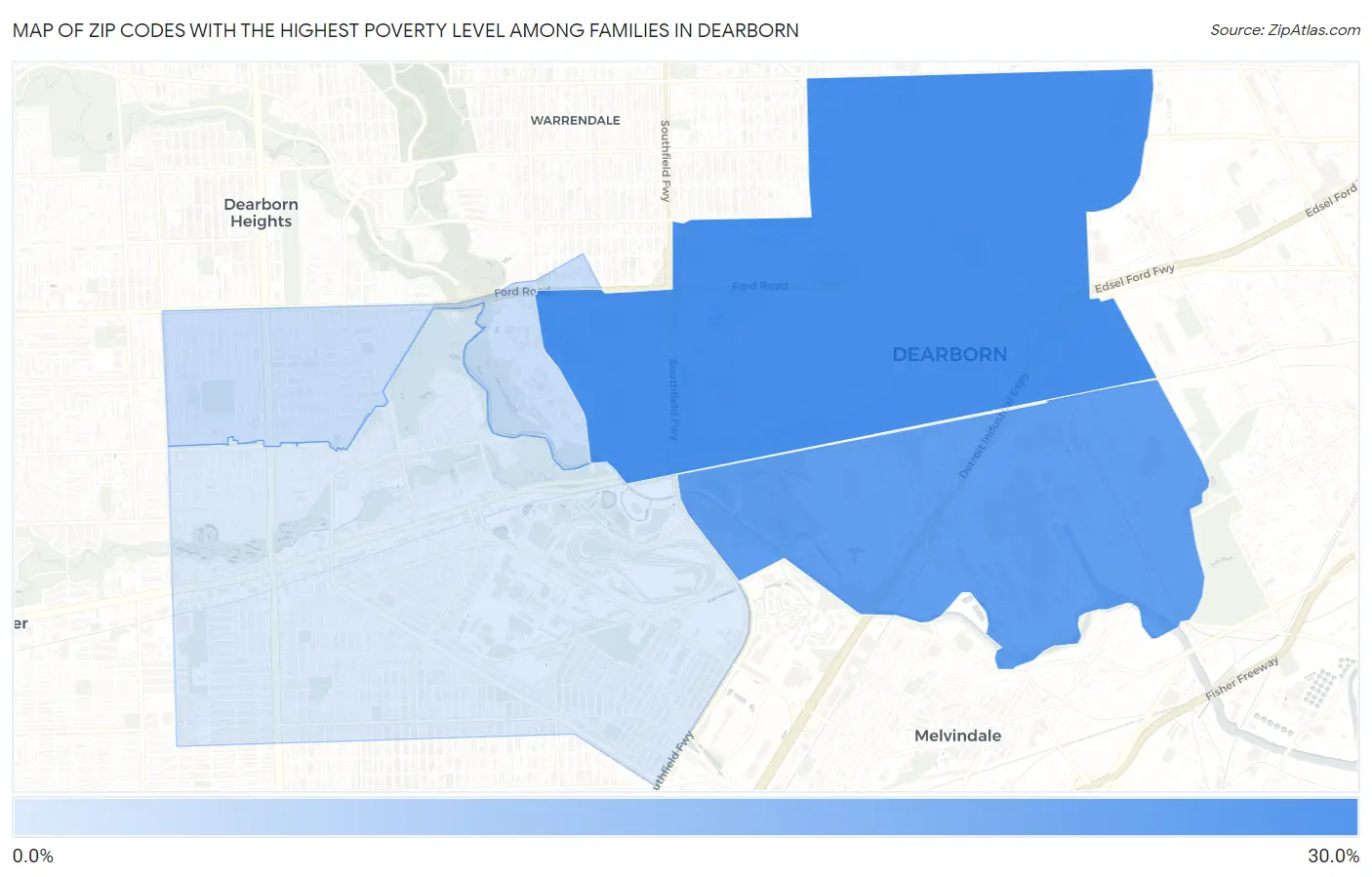 Zip Codes with the Highest Poverty Level Among Families in Dearborn Map