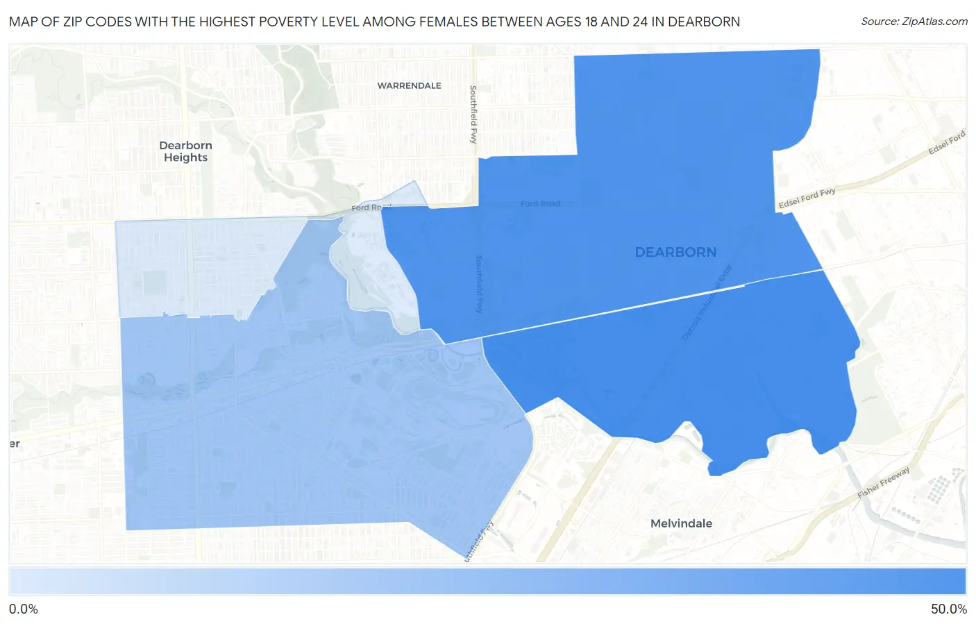 Zip Codes with the Highest Poverty Level Among Females Between Ages 18 and 24 in Dearborn Map