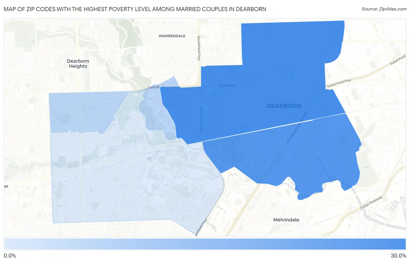 Zip Codes with the Highest Poverty Level Among Married Couples in Dearborn Map