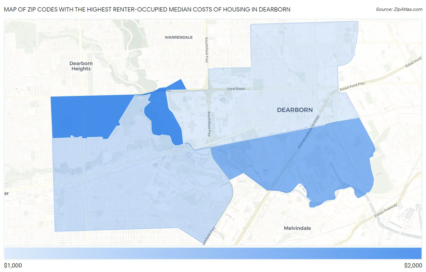Zip Codes with the Highest Renter-Occupied Median Costs of Housing in Dearborn Map