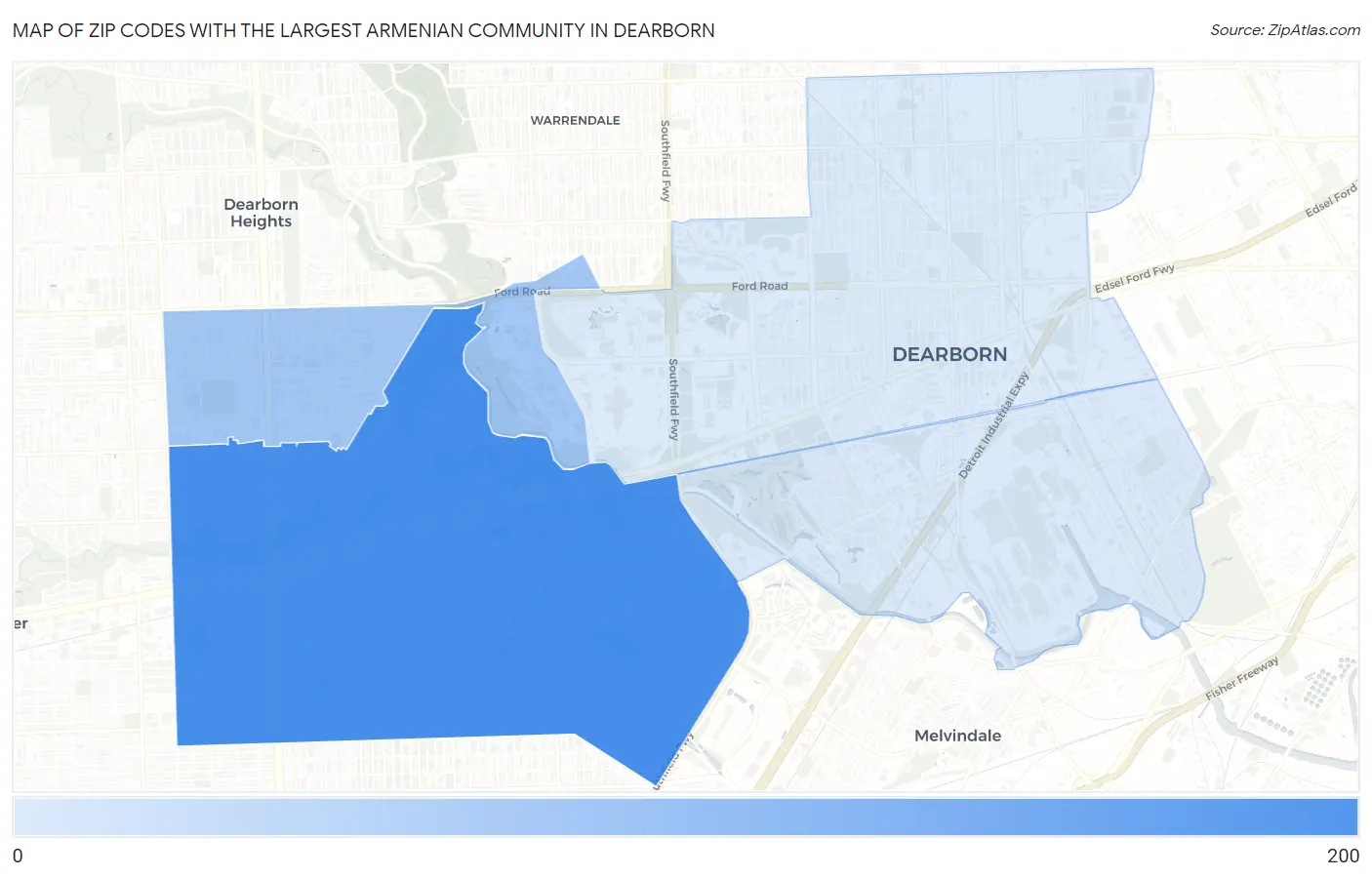 Zip Codes with the Largest Armenian Community in Dearborn Map