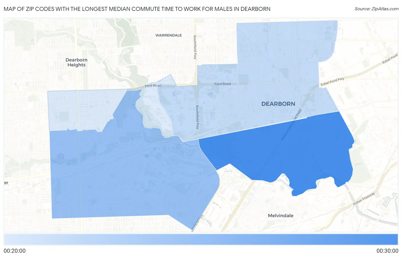 Zip Codes with the Longest Median Commute Time to Work for Males in Dearborn Map