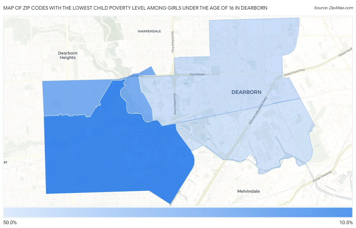 Zip Codes with the Lowest Child Poverty Level Among Girls Under the Age of 16 in Dearborn Map