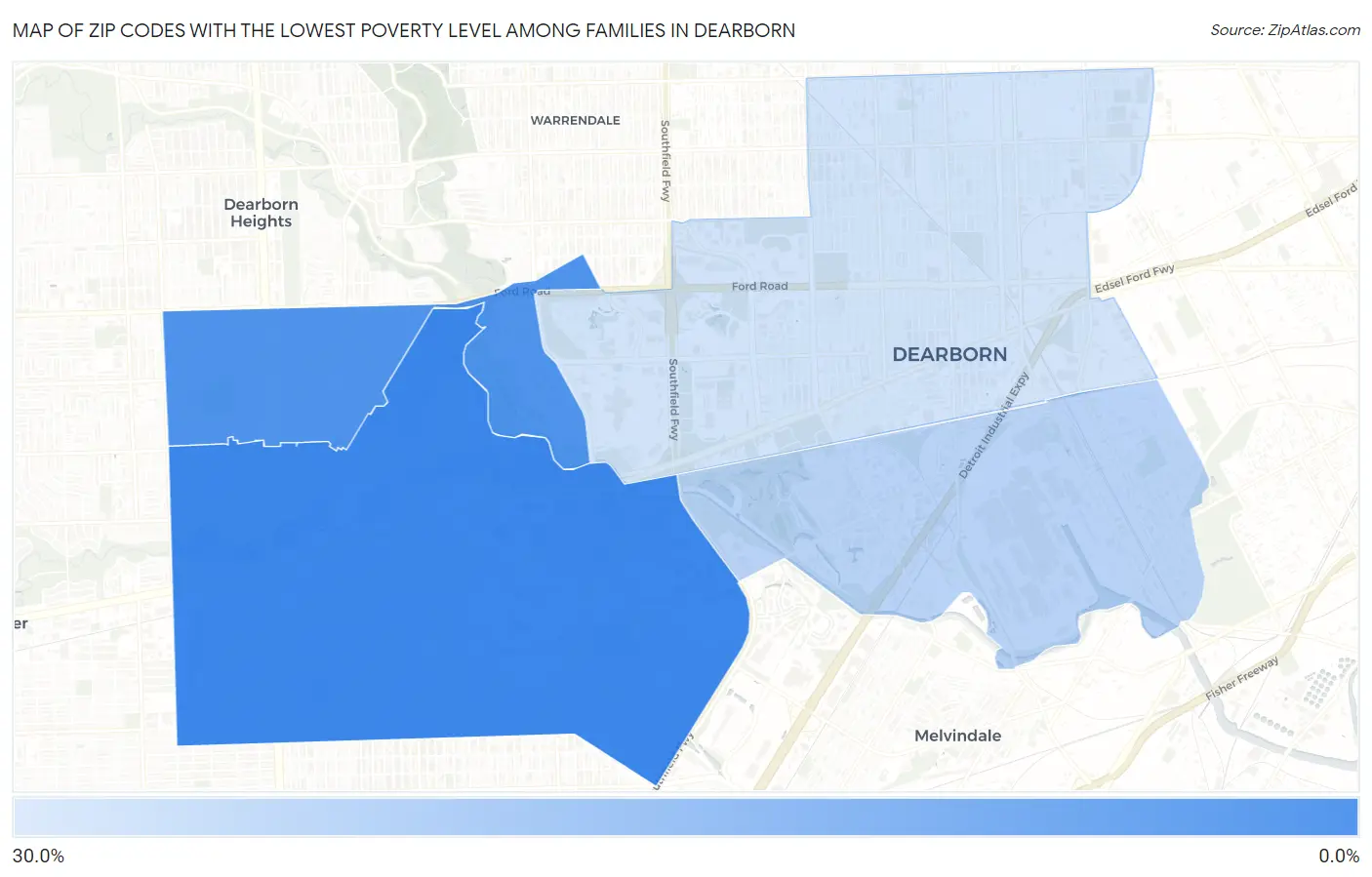 Zip Codes with the Lowest Poverty Level Among Families in Dearborn Map