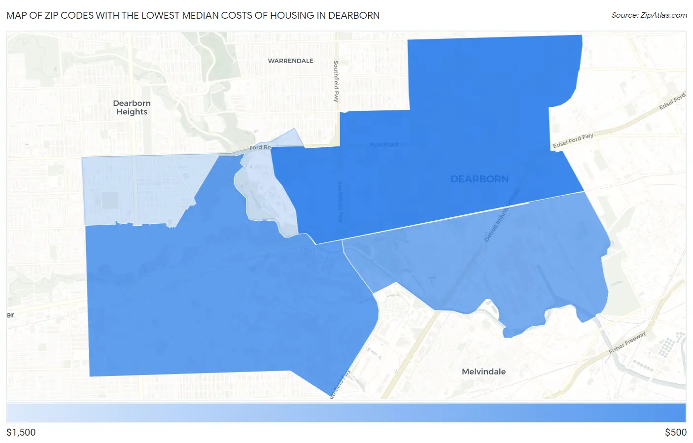 Zip Codes with the Lowest Median Costs of Housing in Dearborn Map