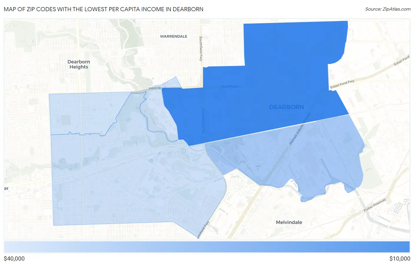 Zip Codes with the Lowest Per Capita Income in Dearborn Map