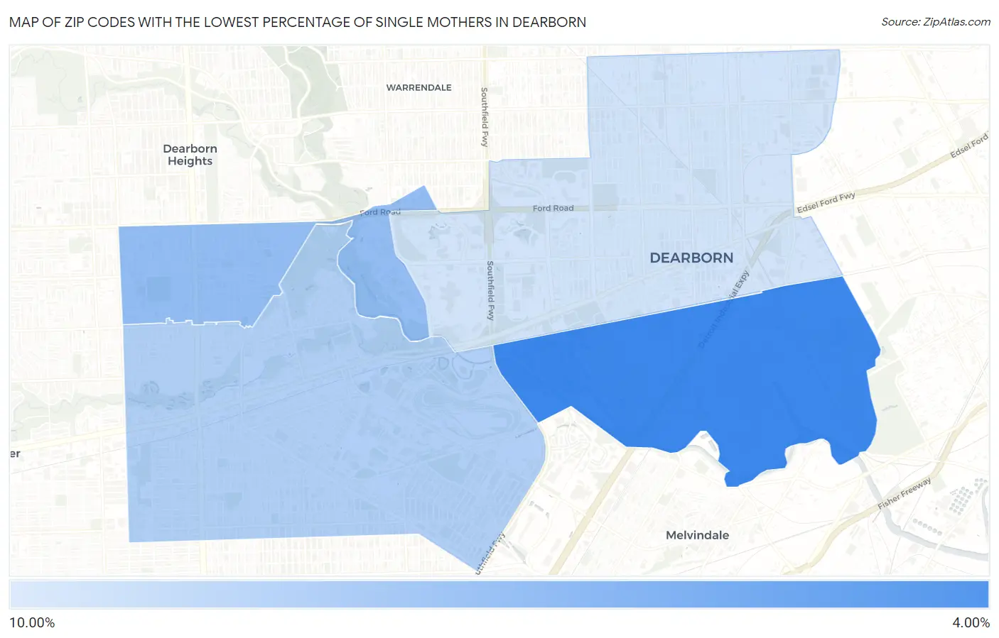 Zip Codes with the Lowest Percentage of Single Mothers in Dearborn Map