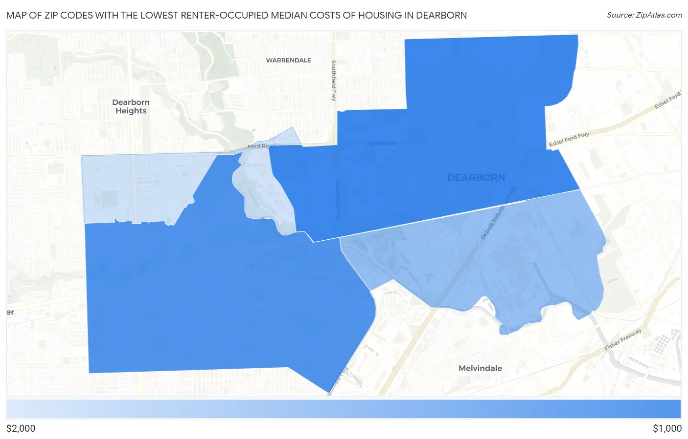 Zip Codes with the Lowest Renter-Occupied Median Costs of Housing in Dearborn Map