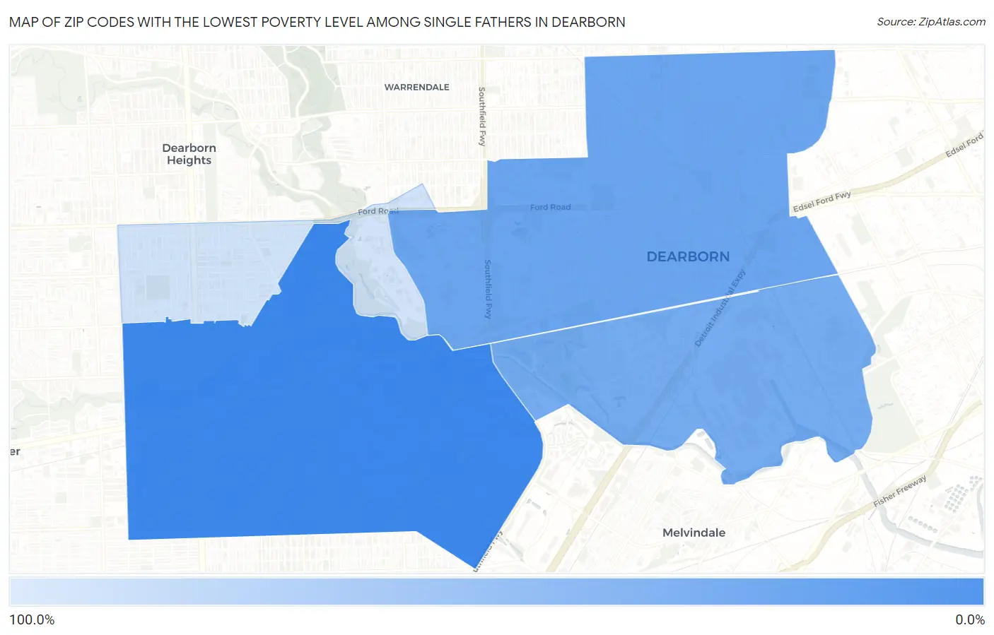 Zip Codes with the Lowest Poverty Level Among Single Fathers in Dearborn Map