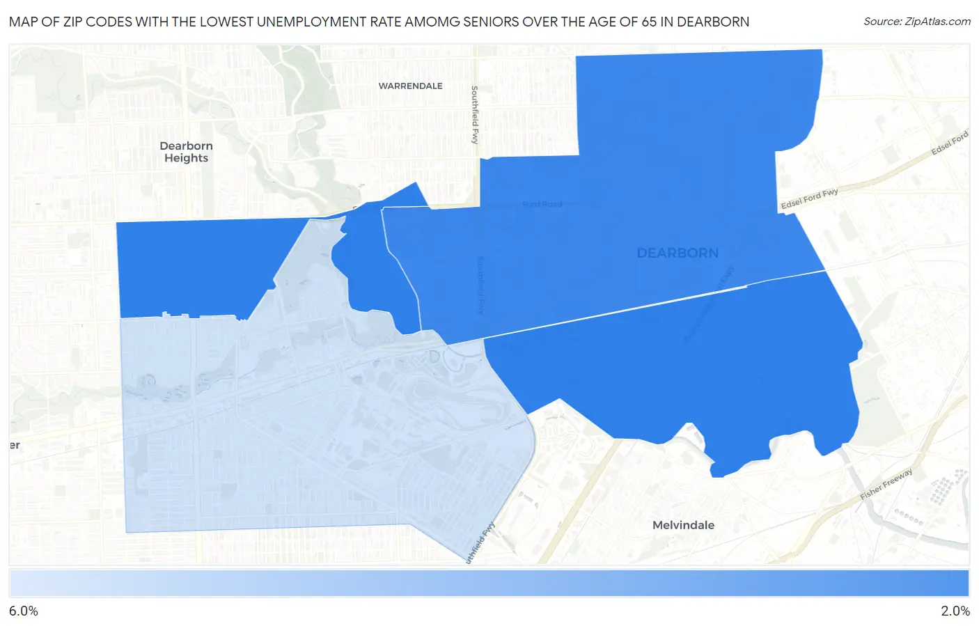 Zip Codes with the Lowest Unemployment Rate Amomg Seniors Over the Age of 65 in Dearborn Map