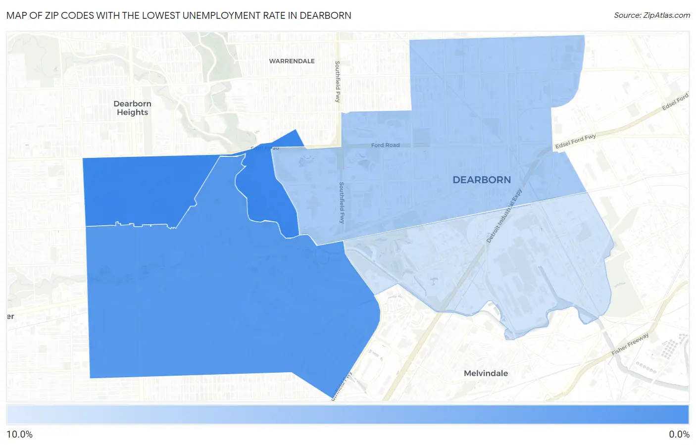 Zip Codes with the Lowest Unemployment Rate in Dearborn Map