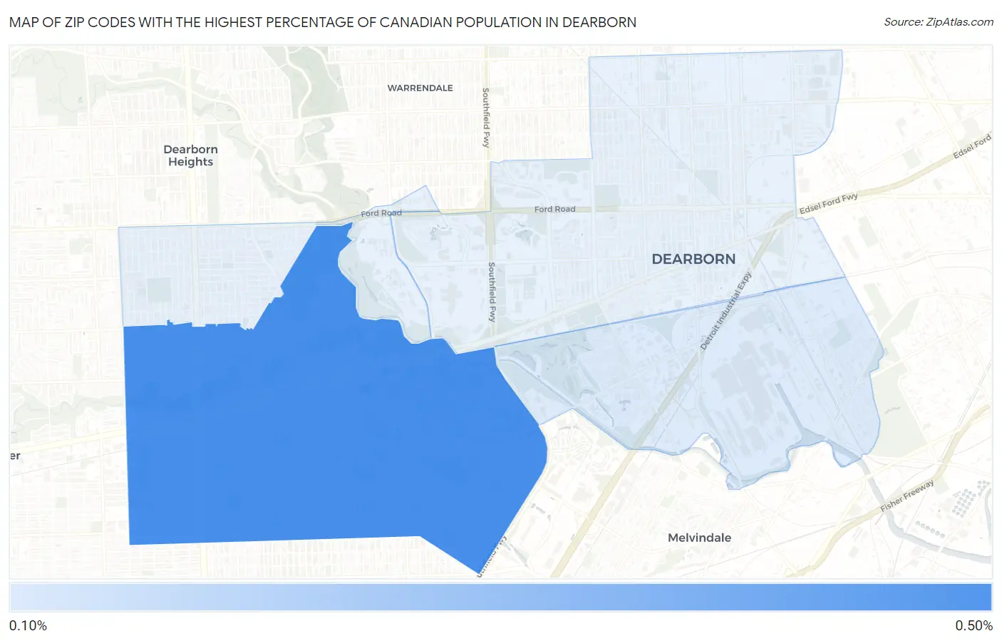 Zip Codes with the Highest Percentage of Canadian Population in Dearborn Map