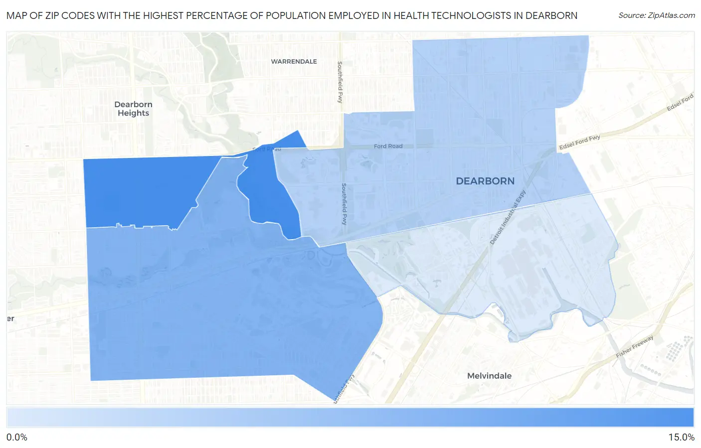 Zip Codes with the Highest Percentage of Population Employed in Health Technologists in Dearborn Map