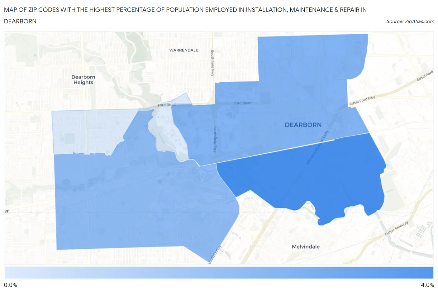 Zip Codes with the Highest Percentage of Population Employed in Installation, Maintenance & Repair in Dearborn Map