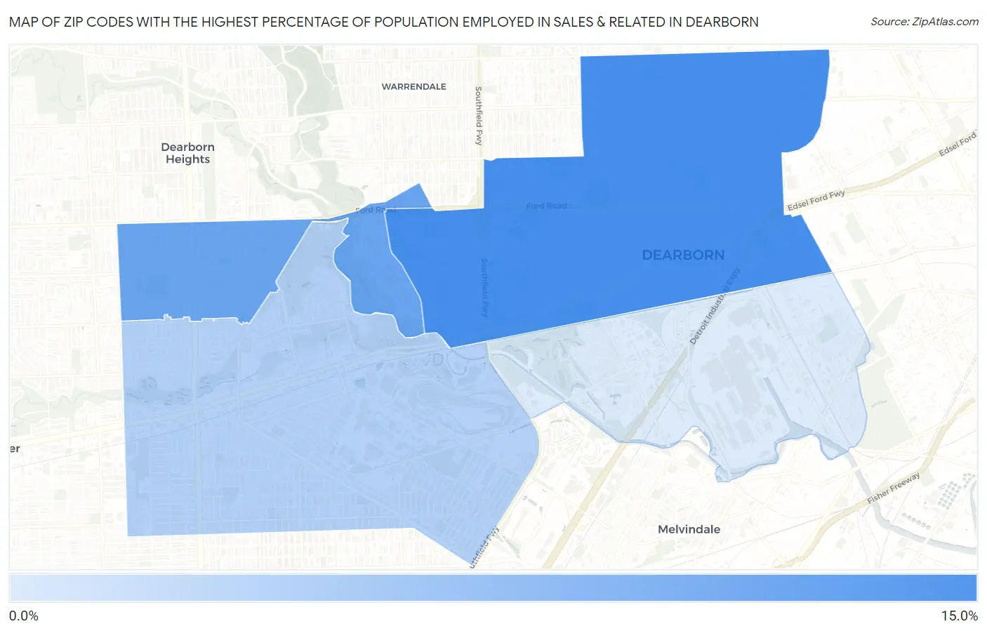 Zip Codes with the Highest Percentage of Population Employed in Sales & Related in Dearborn Map