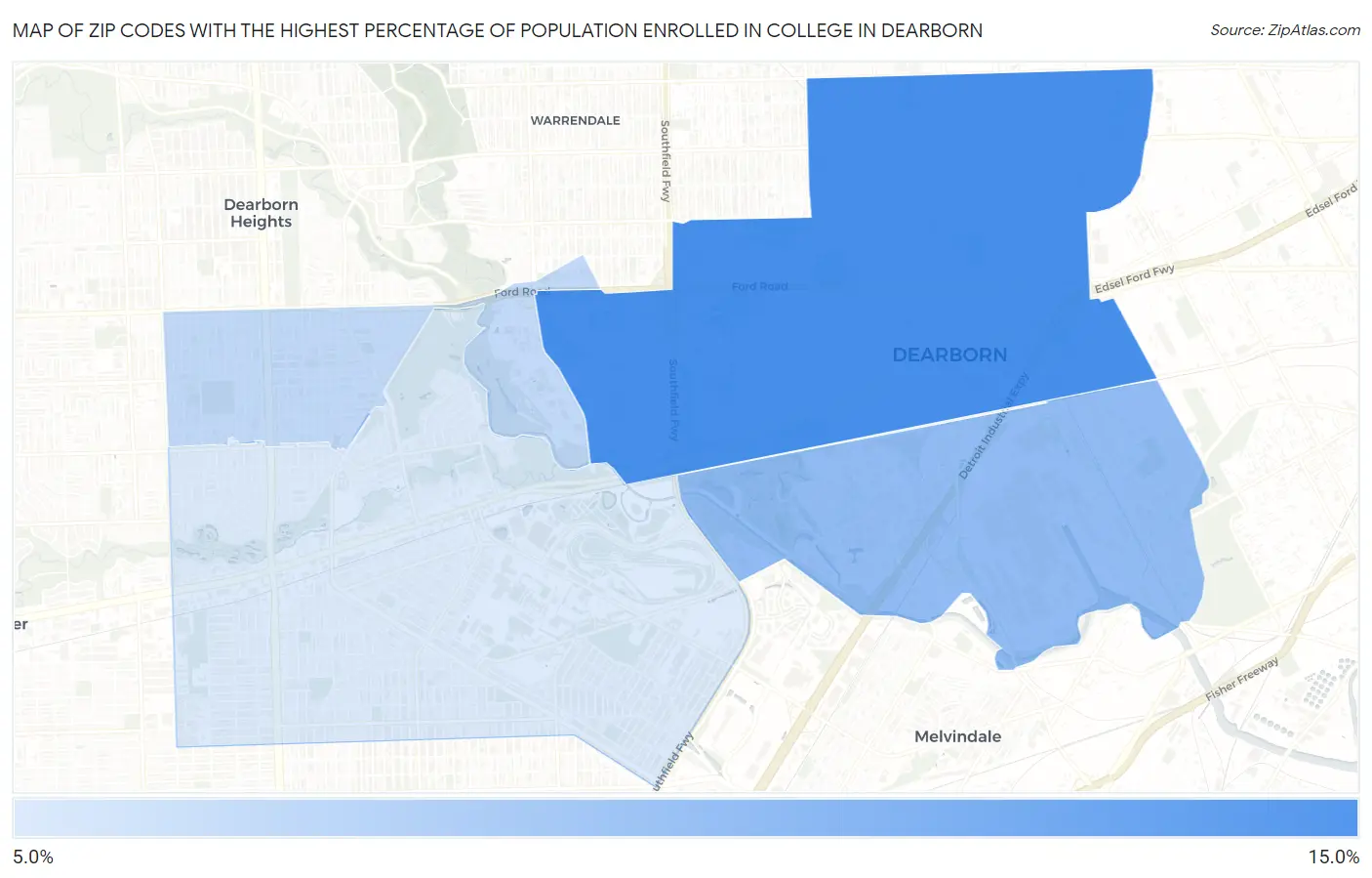 Zip Codes with the Highest Percentage of Population Enrolled in College in Dearborn Map