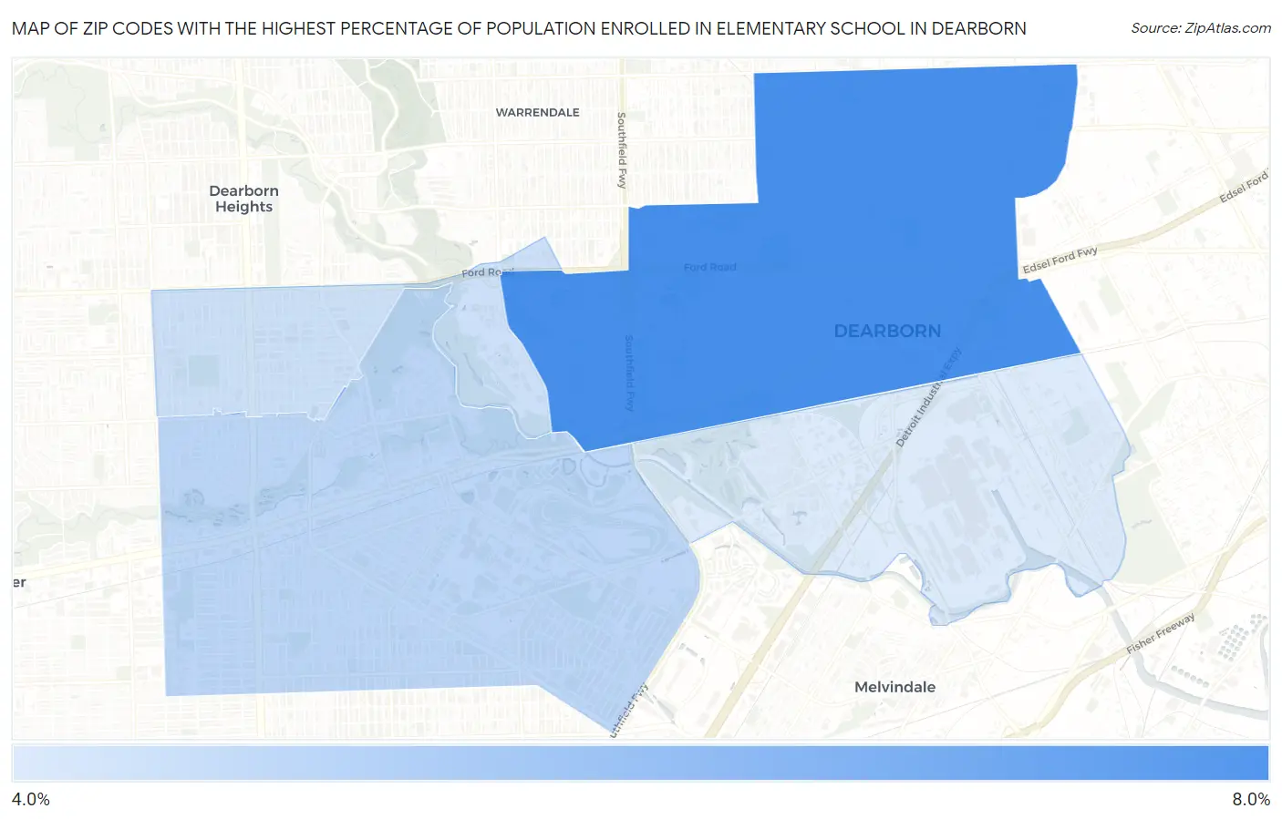 Zip Codes with the Highest Percentage of Population Enrolled in Elementary School in Dearborn Map