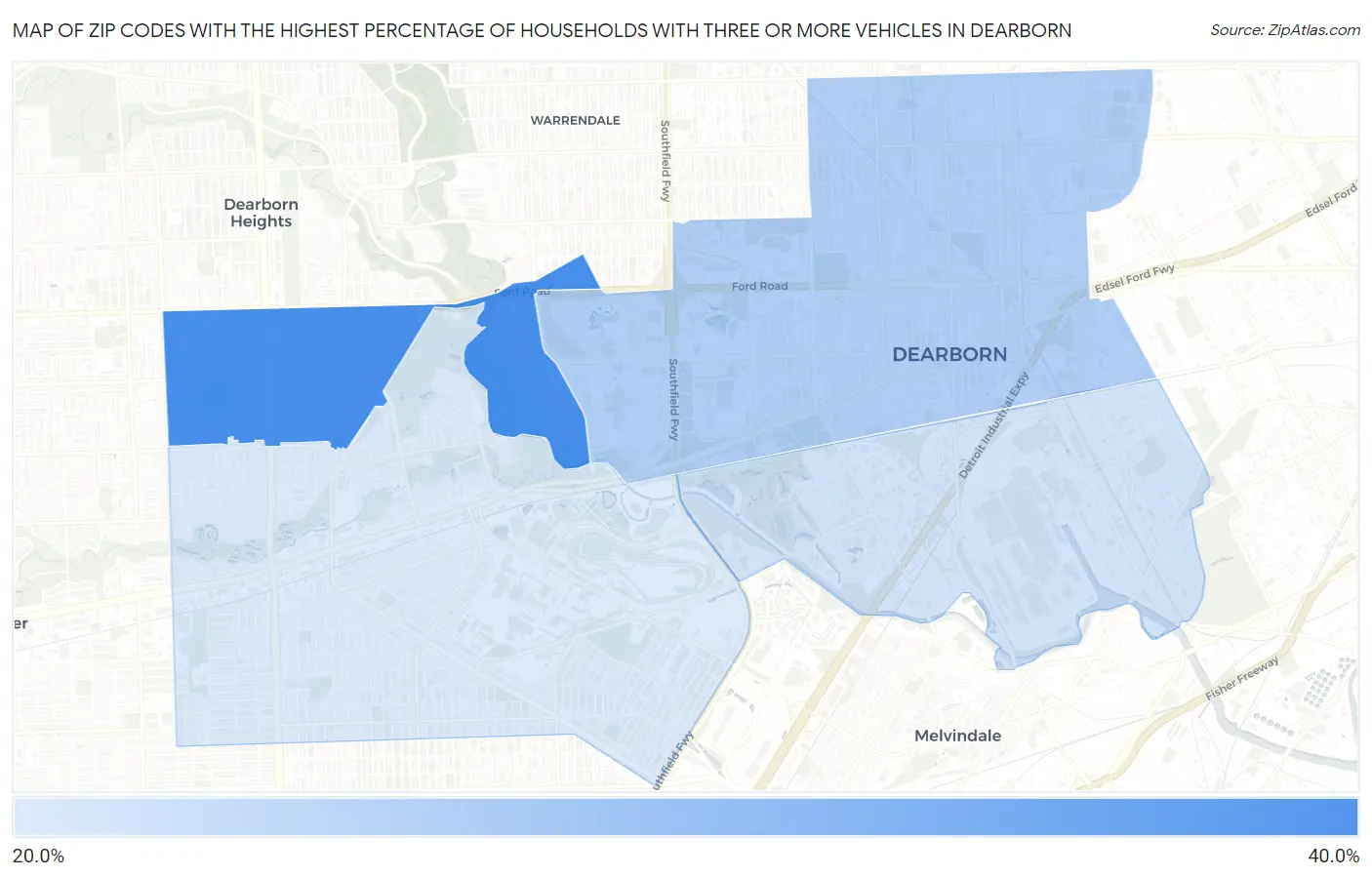 Zip Codes with the Highest Percentage of Households With Three or more Vehicles in Dearborn Map