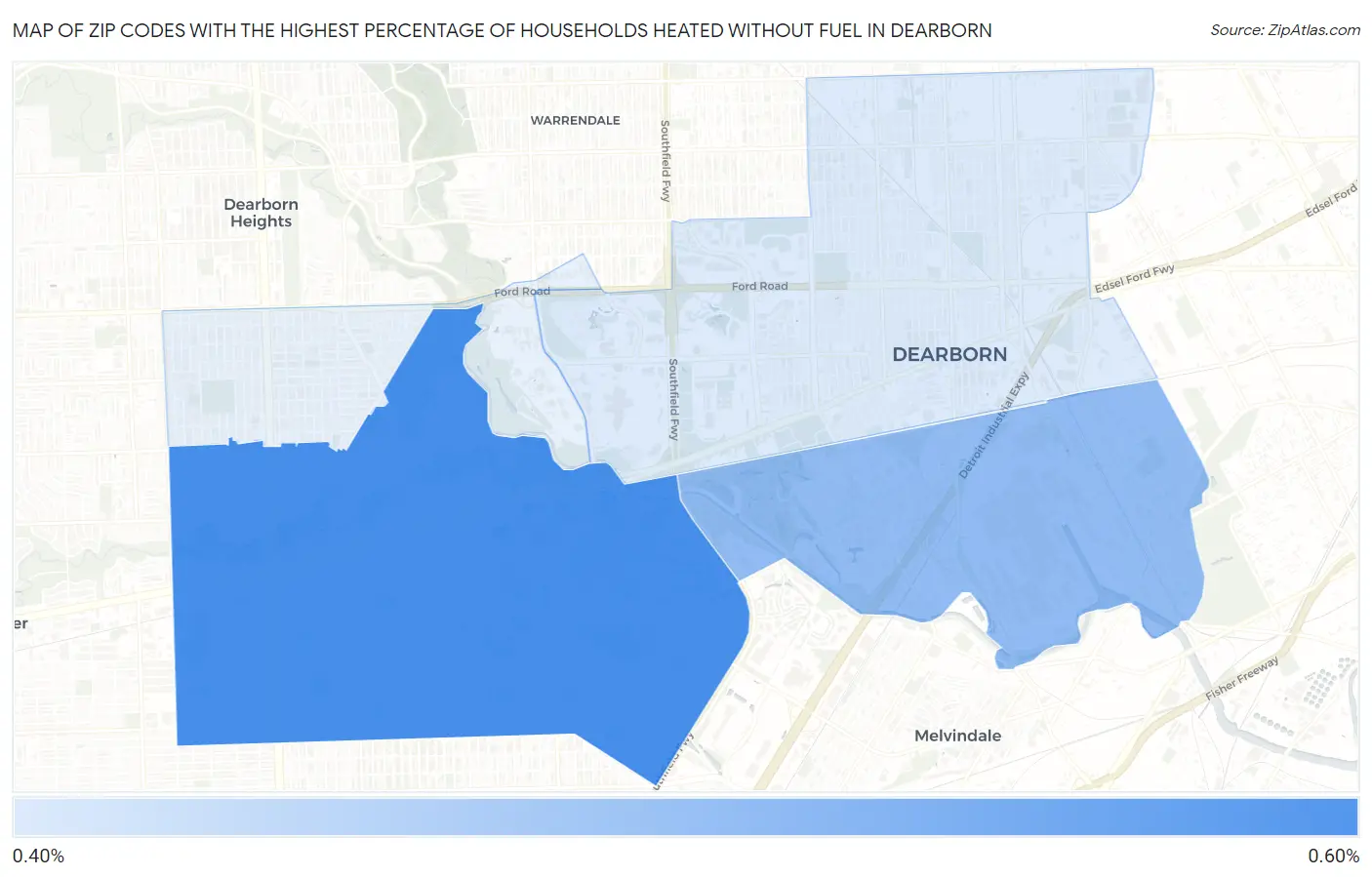 Zip Codes with the Highest Percentage of Households Heated without Fuel in Dearborn Map