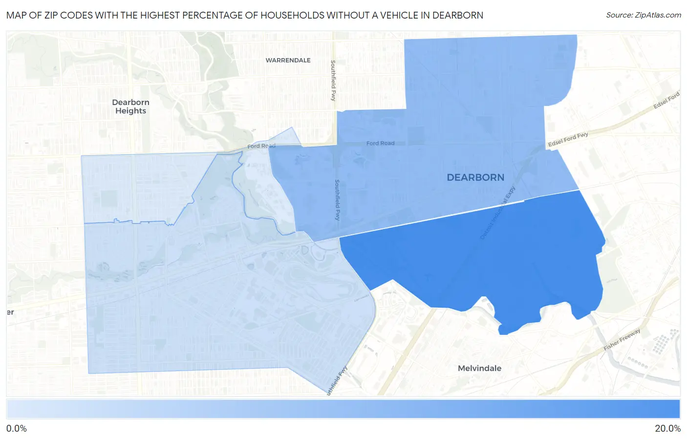 Zip Codes with the Highest Percentage of Households Without a Vehicle in Dearborn Map