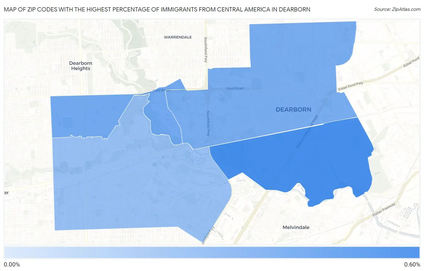 Zip Codes with the Highest Percentage of Immigrants from Central America in Dearborn Map