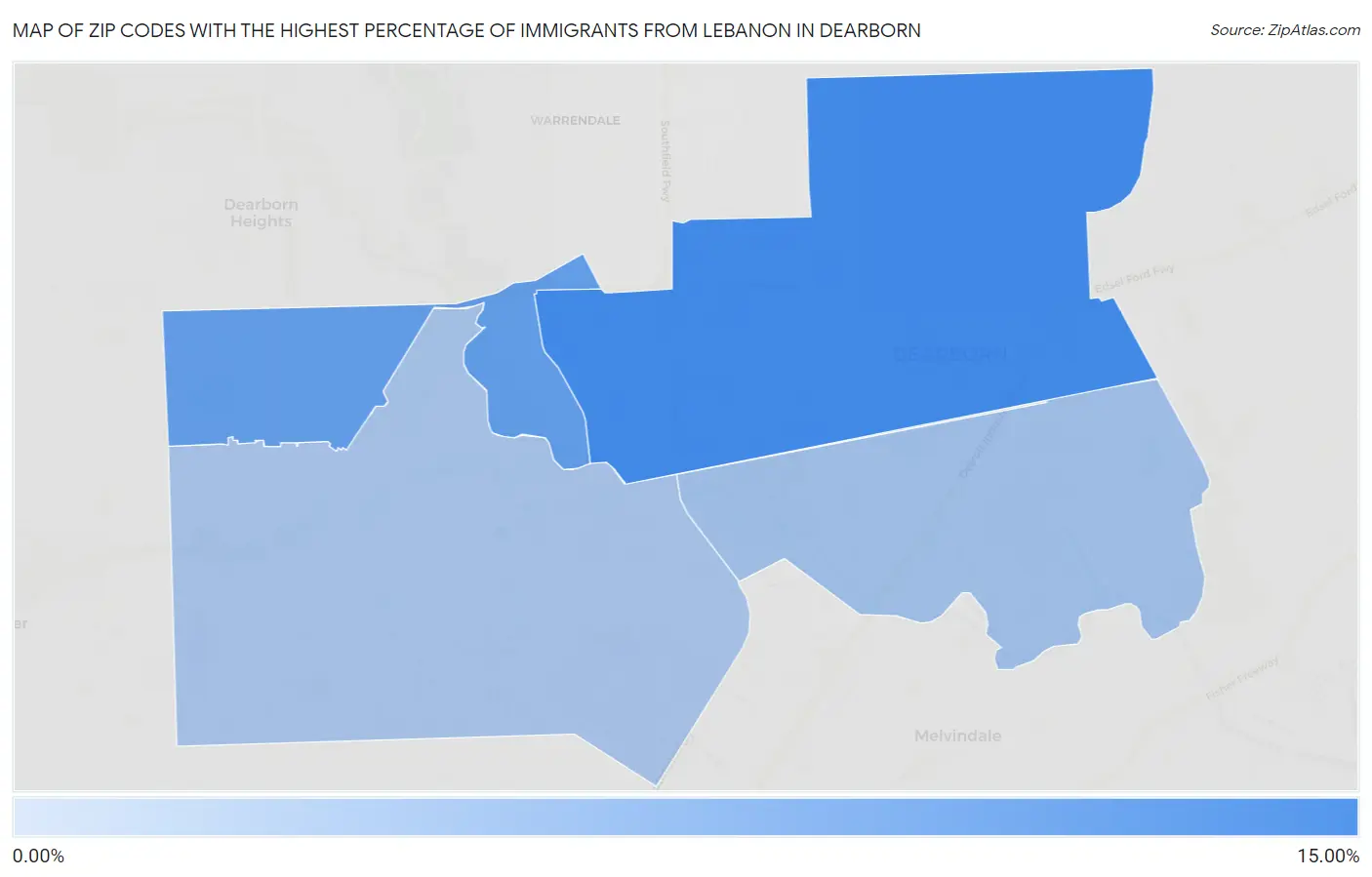 Zip Codes with the Highest Percentage of Immigrants from Lebanon in Dearborn Map