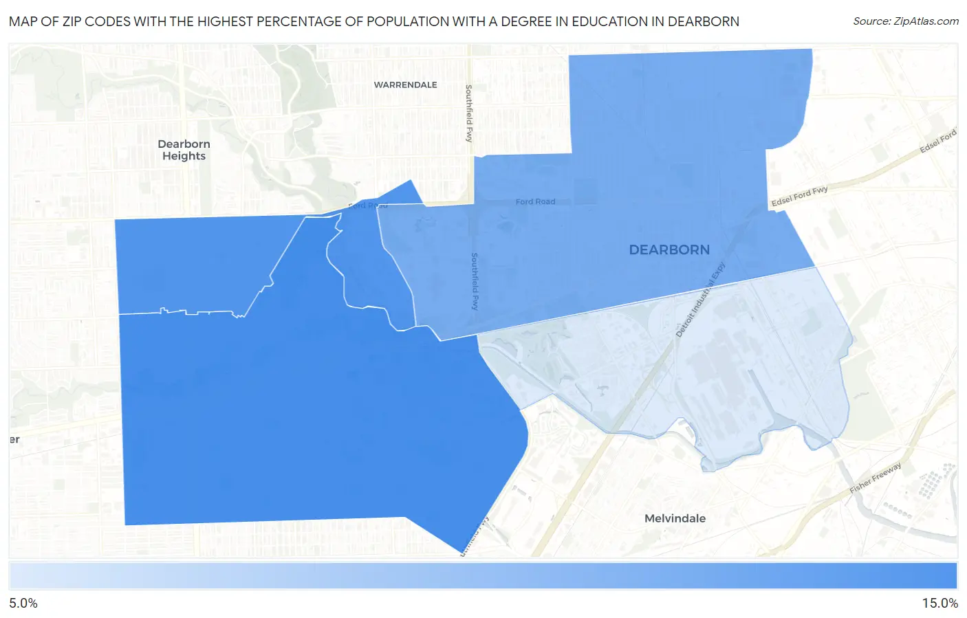 Zip Codes with the Highest Percentage of Population with a Degree in Education in Dearborn Map