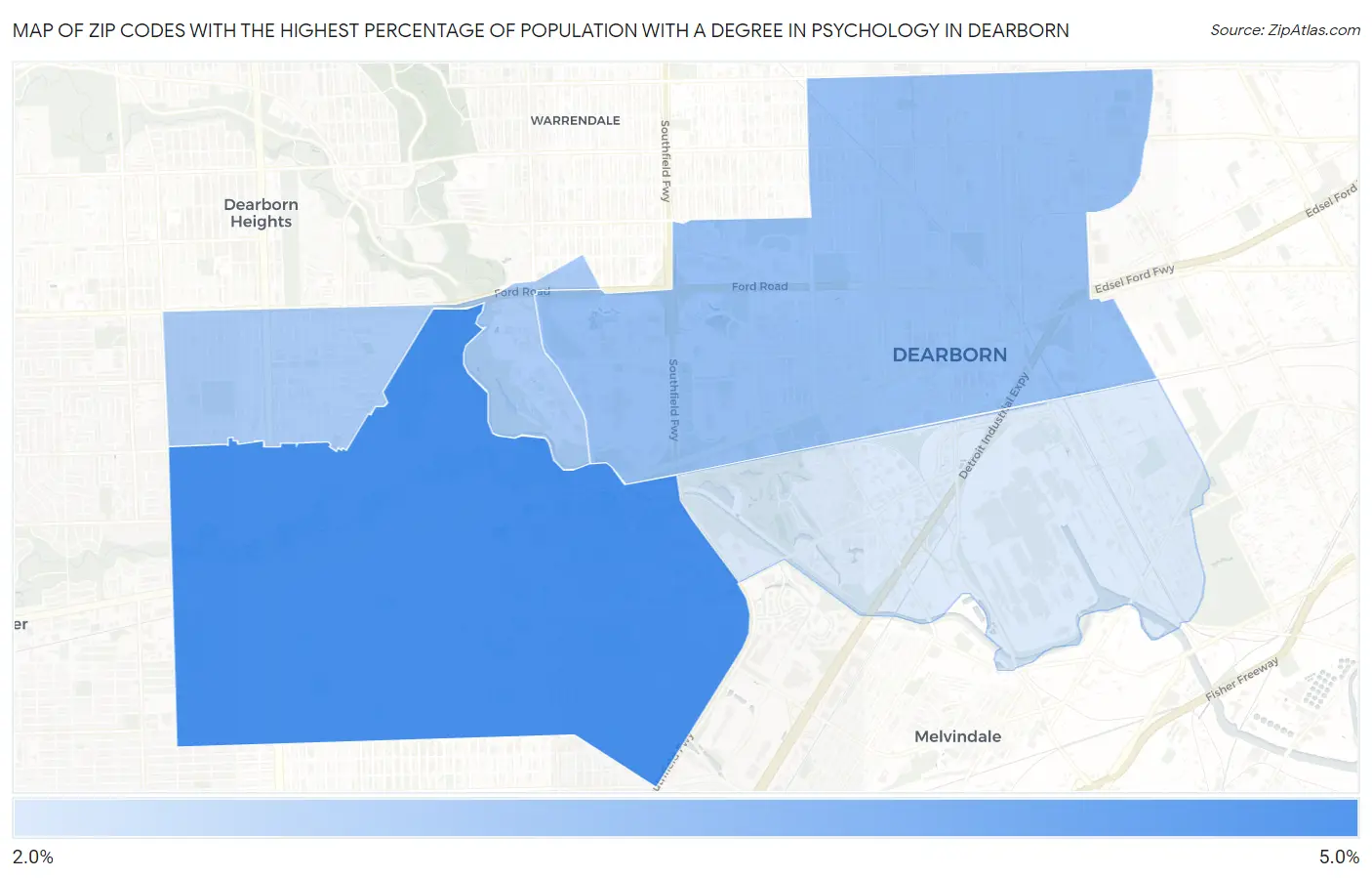 Zip Codes with the Highest Percentage of Population with a Degree in Psychology in Dearborn Map