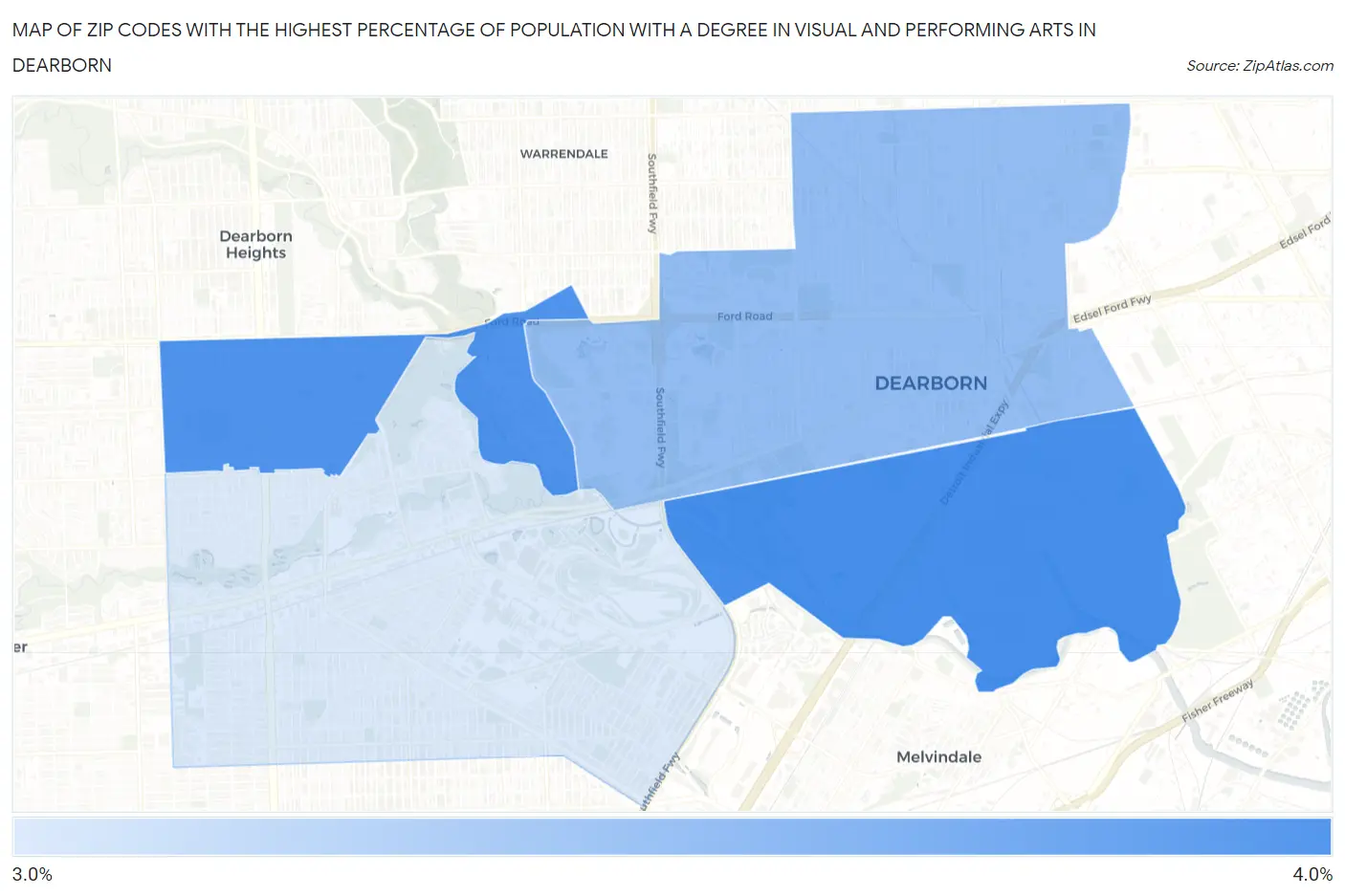 Zip Codes with the Highest Percentage of Population with a Degree in Visual and Performing Arts in Dearborn Map