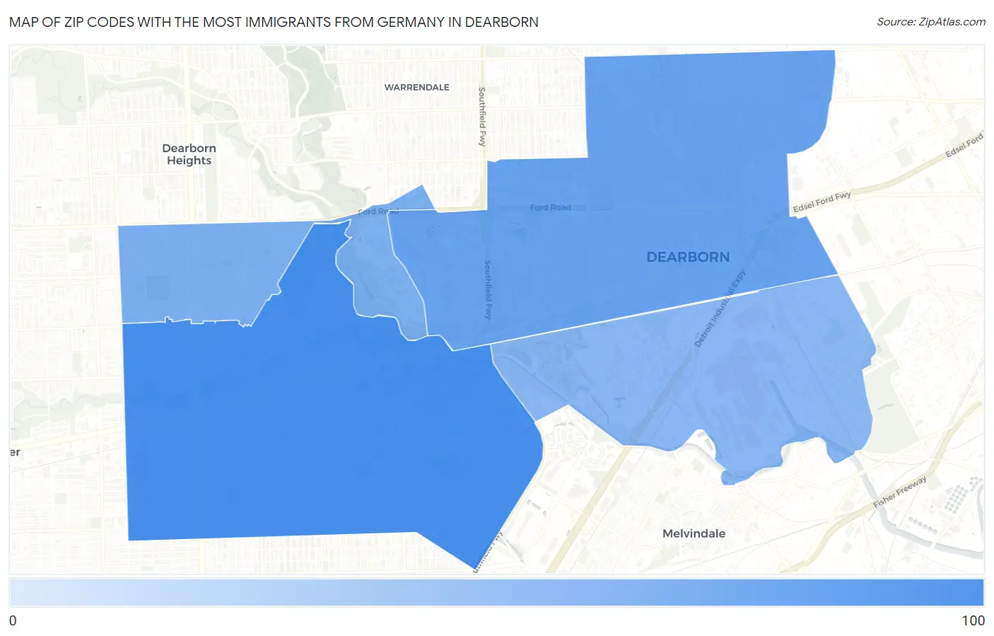 Zip Codes with the Most Immigrants from Germany in Dearborn Map