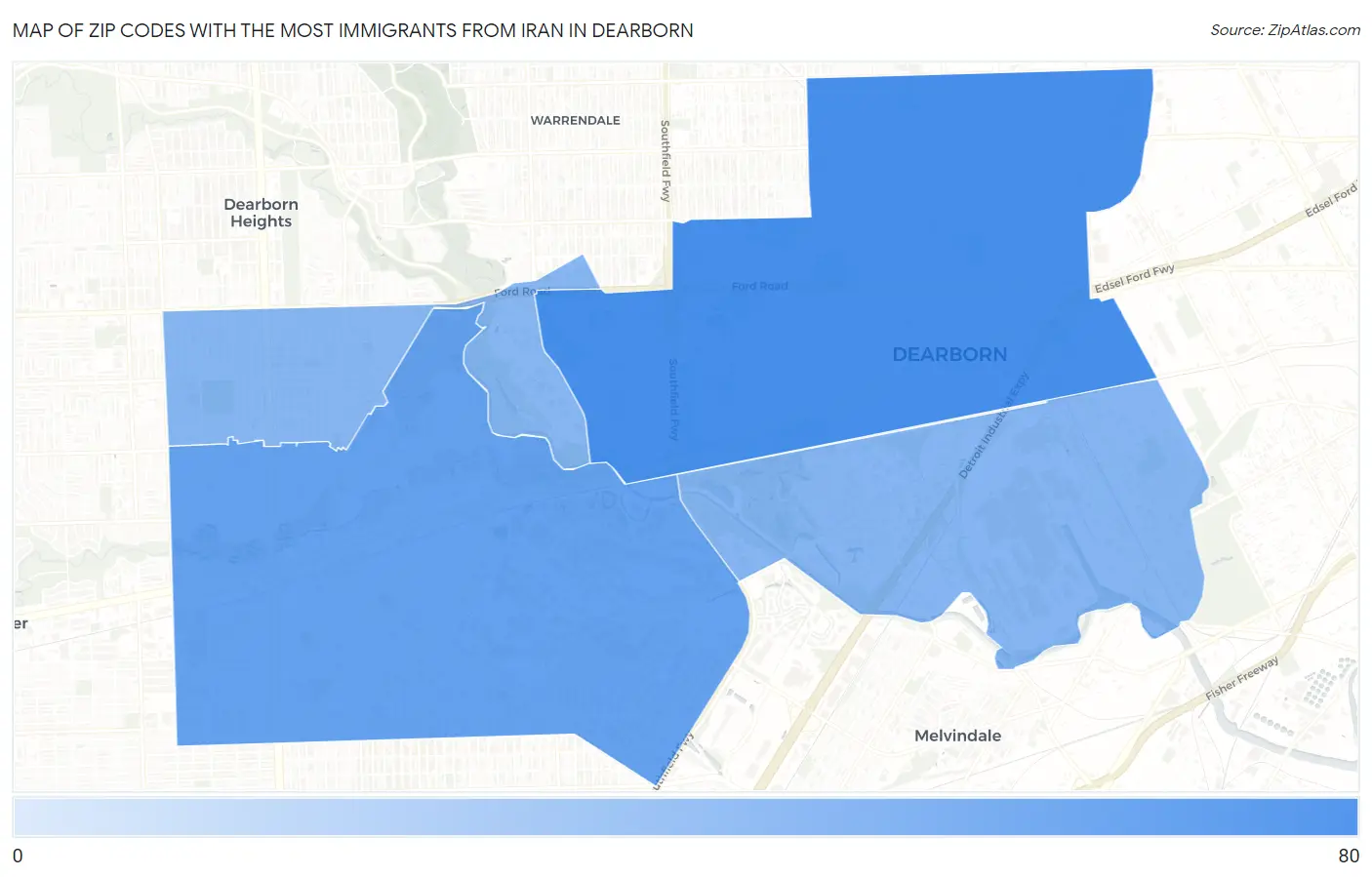 Zip Codes with the Most Immigrants from Iran in Dearborn Map
