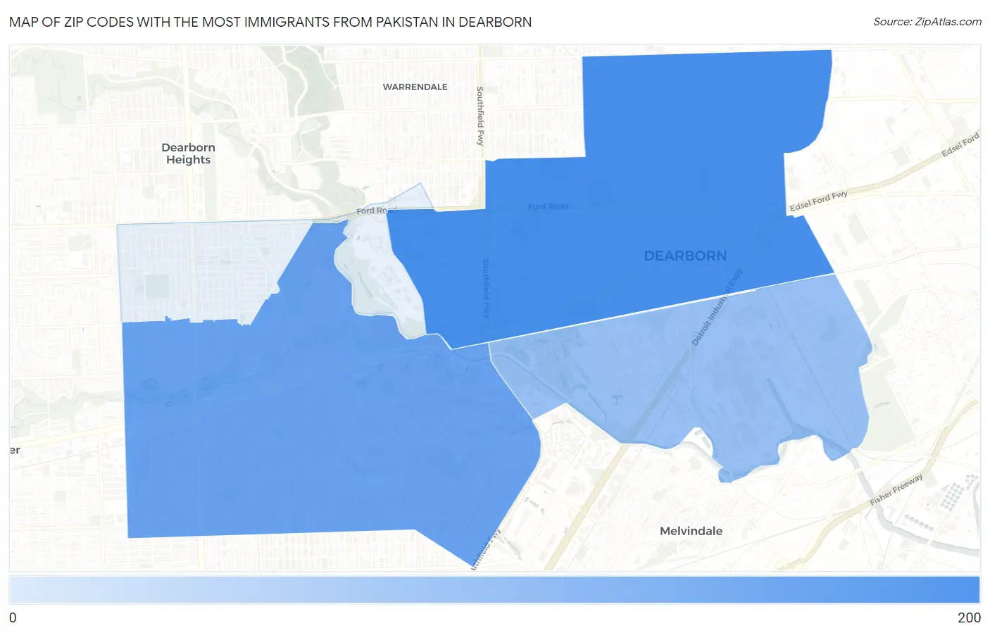 Zip Codes with the Most Immigrants from Pakistan in Dearborn Map