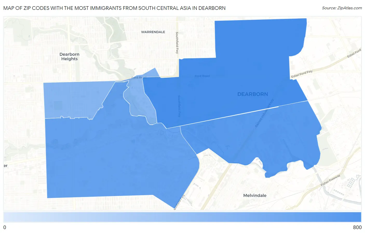 Zip Codes with the Most Immigrants from South Central Asia in Dearborn Map