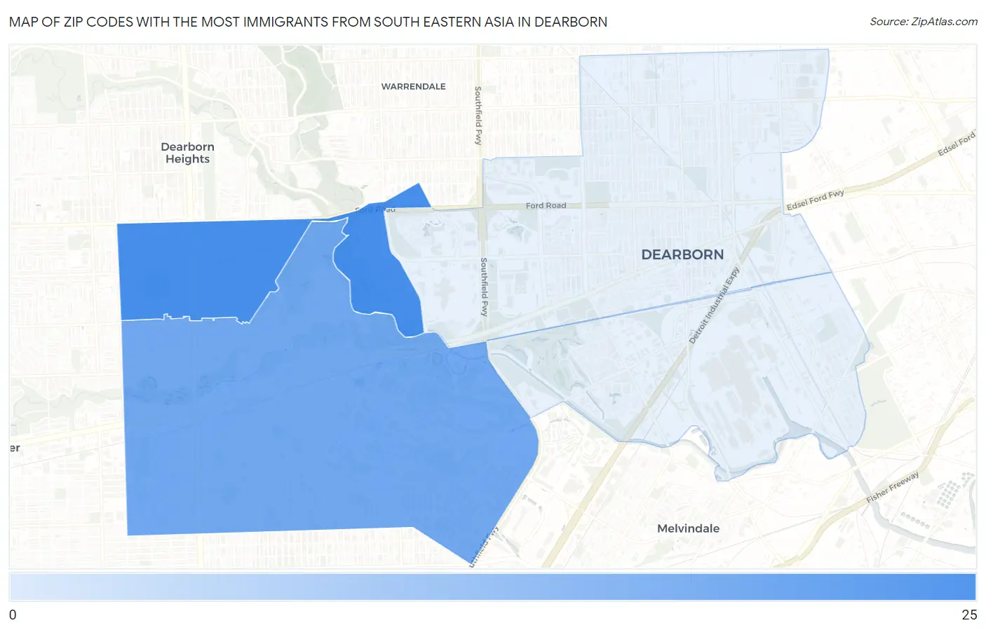 Zip Codes with the Most Immigrants from South Eastern Asia in Dearborn Map