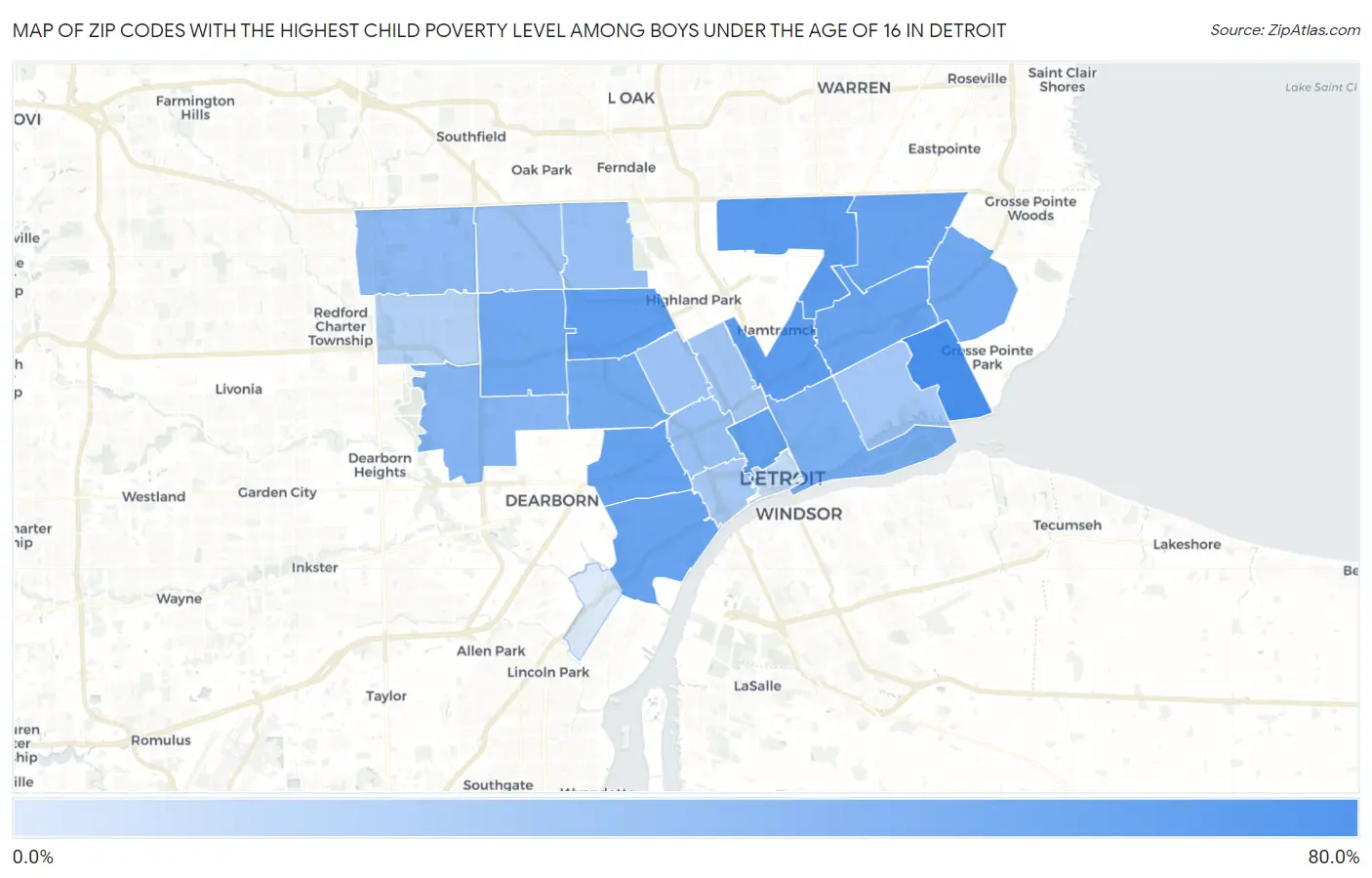 Zip Codes with the Highest Child Poverty Level Among Boys Under the Age of 16 in Detroit Map