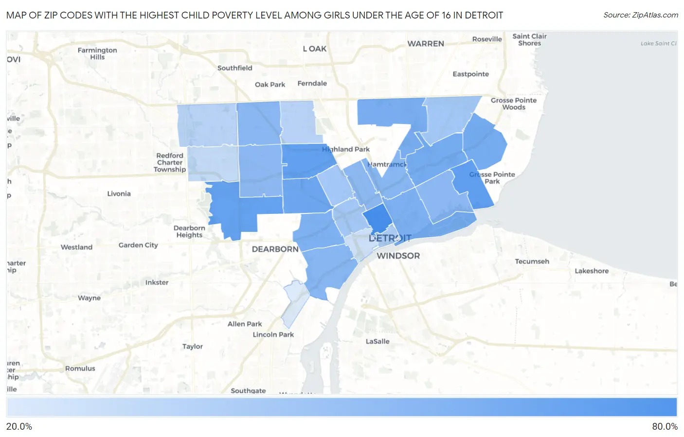 Zip Codes with the Highest Child Poverty Level Among Girls Under the Age of 16 in Detroit Map