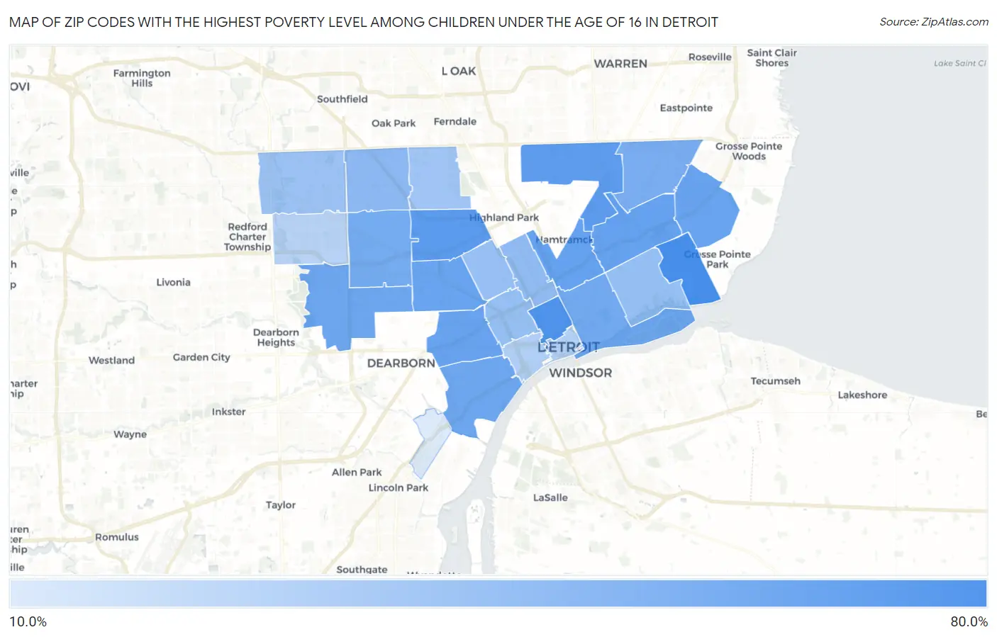 Zip Codes with the Highest Poverty Level Among Children Under the Age of 16 in Detroit Map