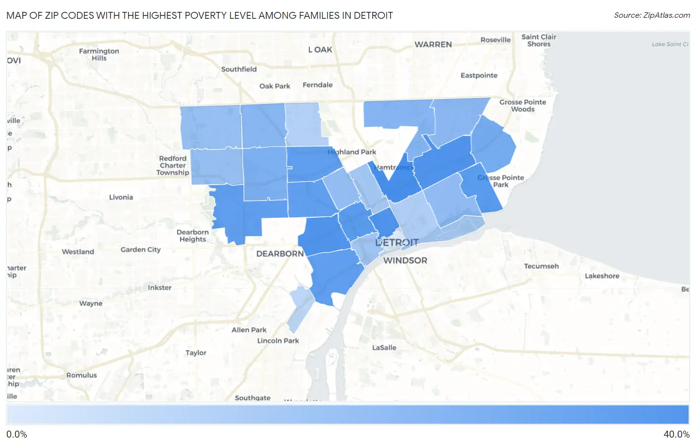 Zip Codes with the Highest Poverty Level Among Families in Detroit Map