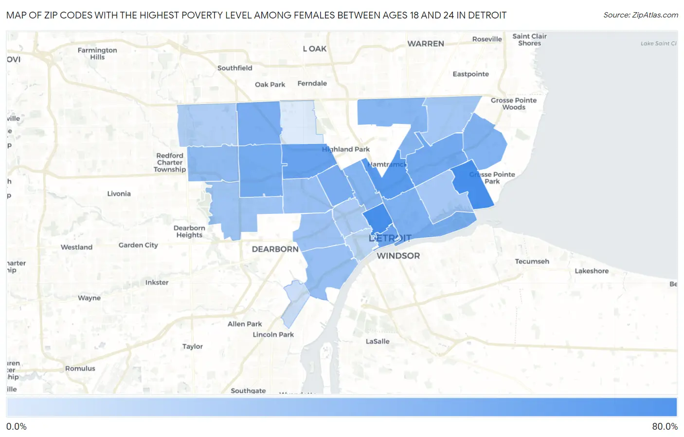 Zip Codes with the Highest Poverty Level Among Females Between Ages 18 and 24 in Detroit Map