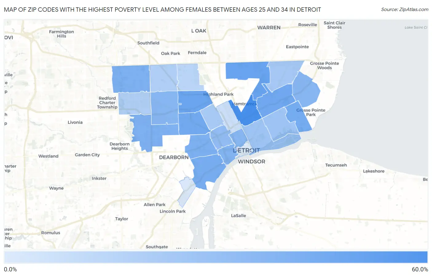 Zip Codes with the Highest Poverty Level Among Females Between Ages 25 and 34 in Detroit Map