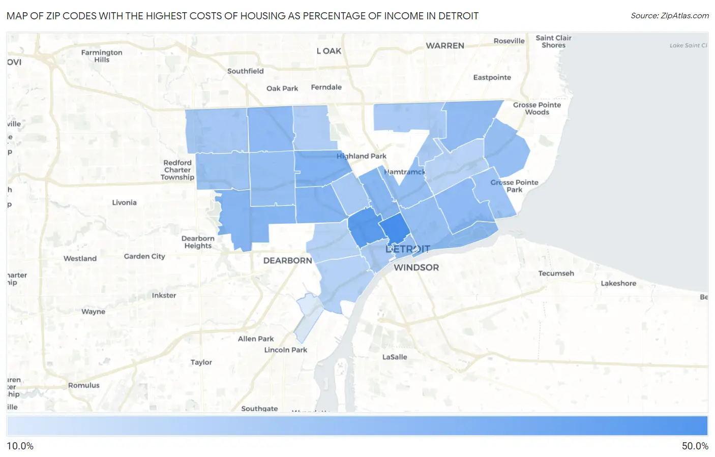 Zip Codes with the Highest Costs of Housing as Percentage of Income in Detroit Map